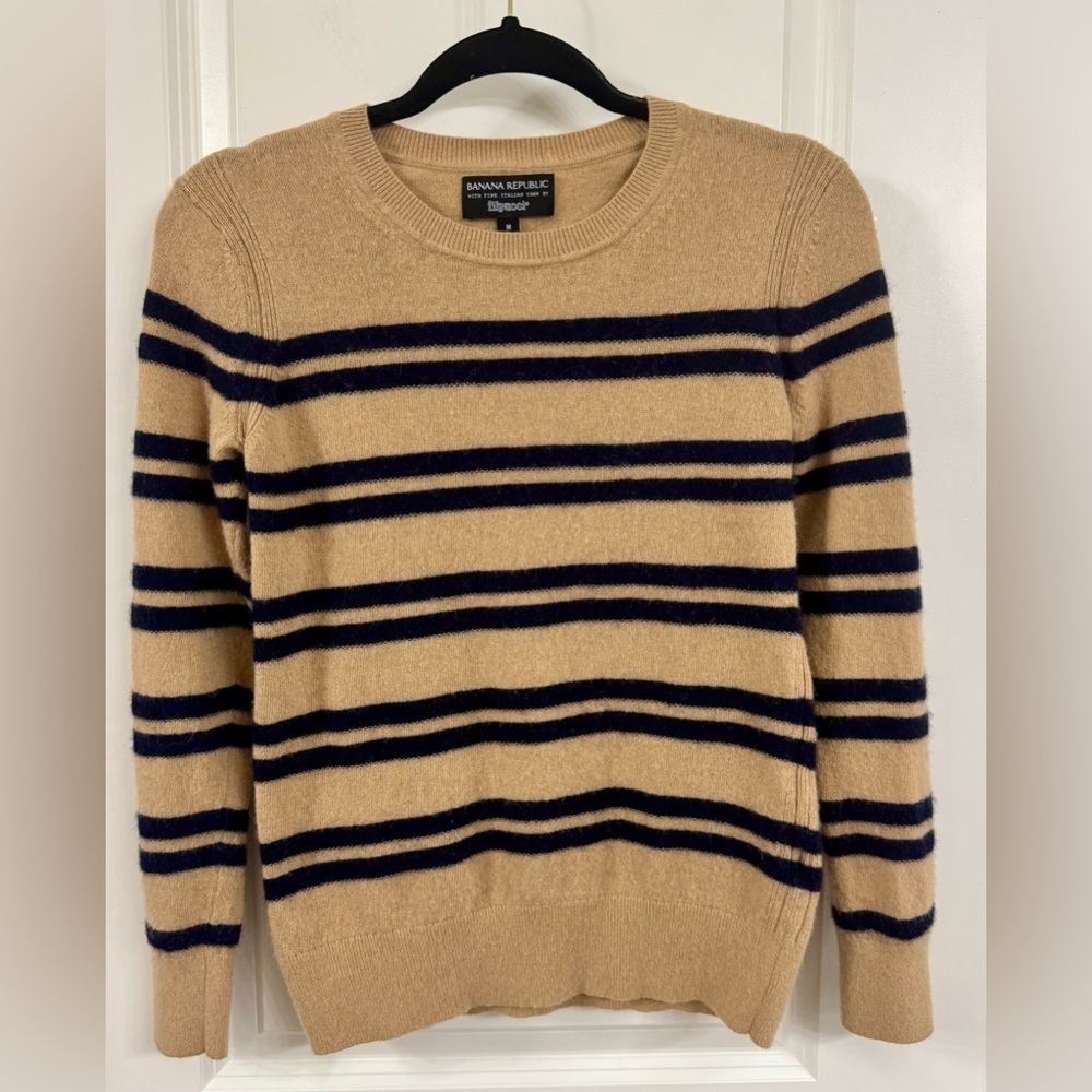 Banana Republic Beige and Navy Striped Crewneck Sweater